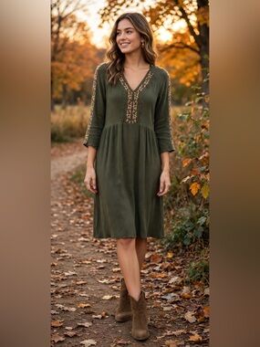 Knox Rose Olive Midi Dress with Embroidered Trim